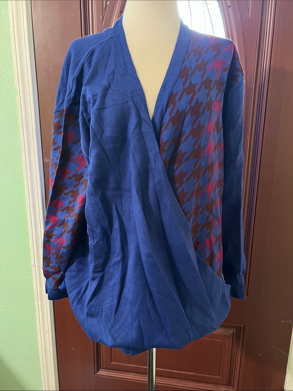 Blue Houndstooth Wrap Cardigan Jacket